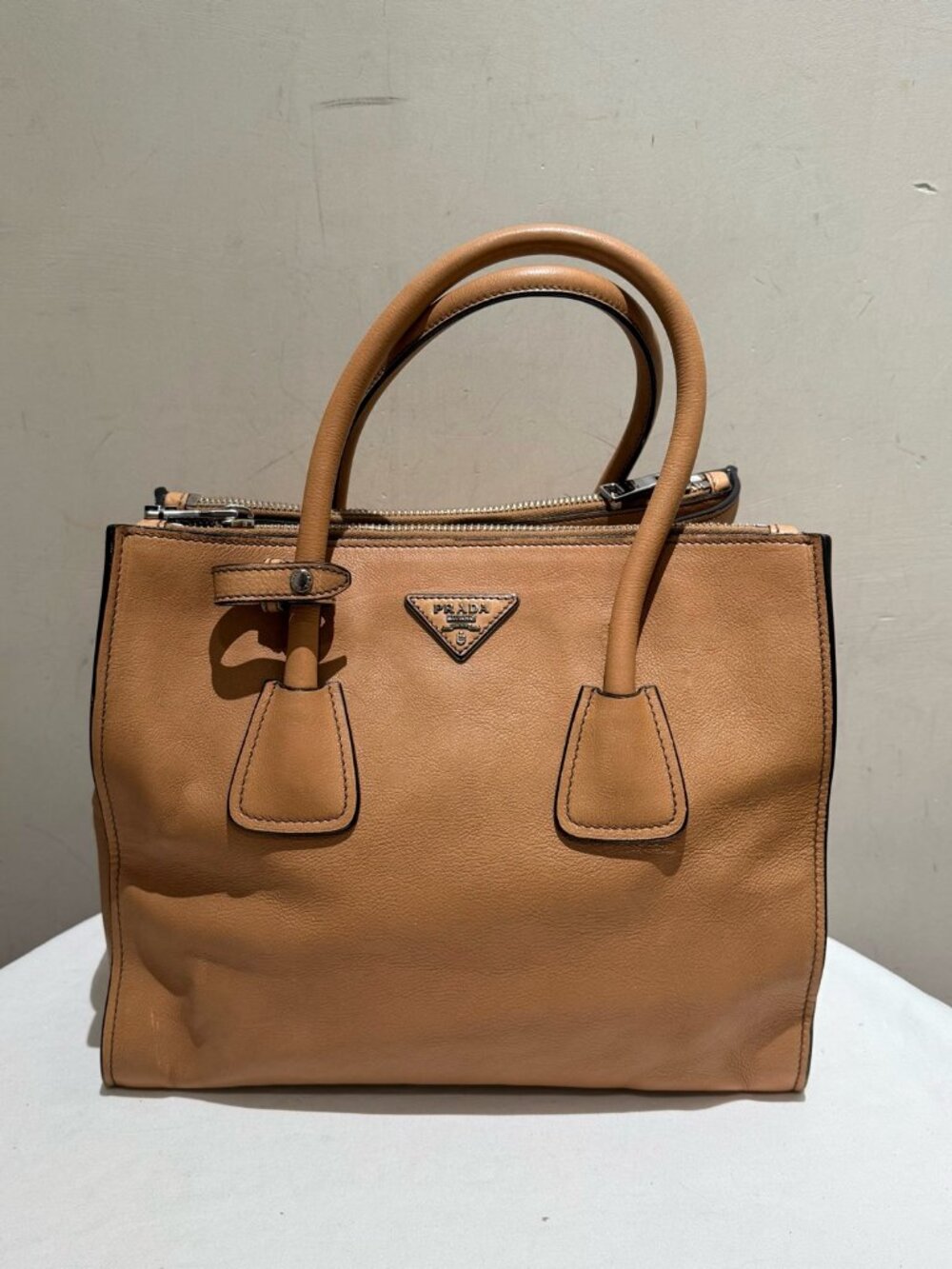 Prada Twin Pocket Caramel Calfskin Top Handle Handbag